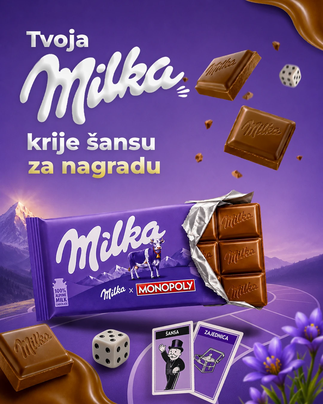 Milka Monopoly kampanjski vizual sa čokoladom i nagradnom igrom