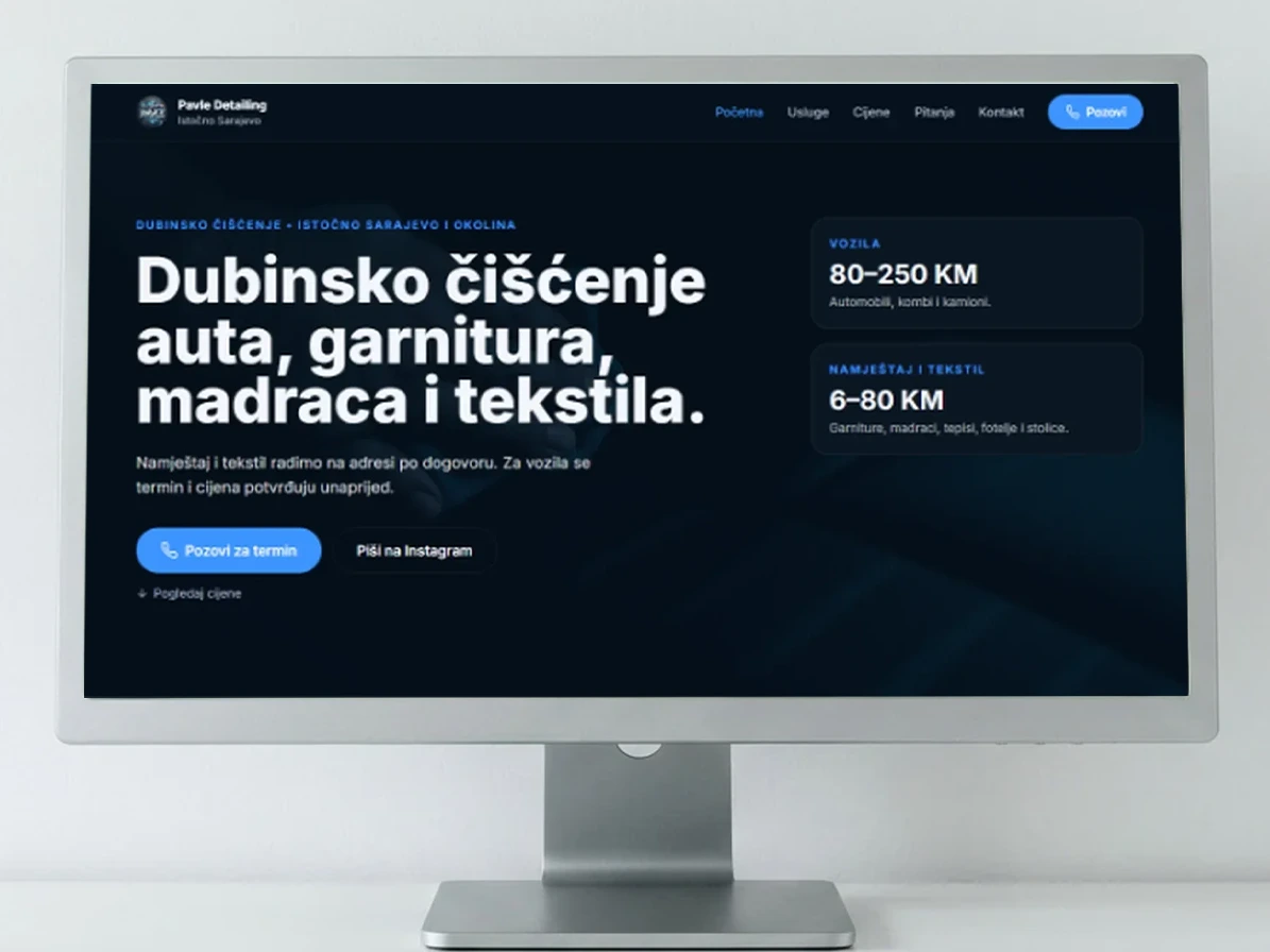 Prikaz web stranice Pavle Detailing na desktop monitoru